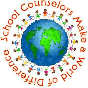 People holding hands around a globe with text: School counselors make a world of difference