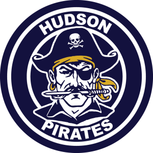 Hudson Schools Logo: Navy blue circle with Hudosn Pirates around the circumference and pirate with hat on head and knife in mouth.