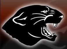 Tripoli Schools Logo: Profile of black panther with white outline and gradient background from red top to black bottom