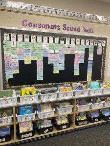 Wall of sticky notes with words that emphasis consonant sounds